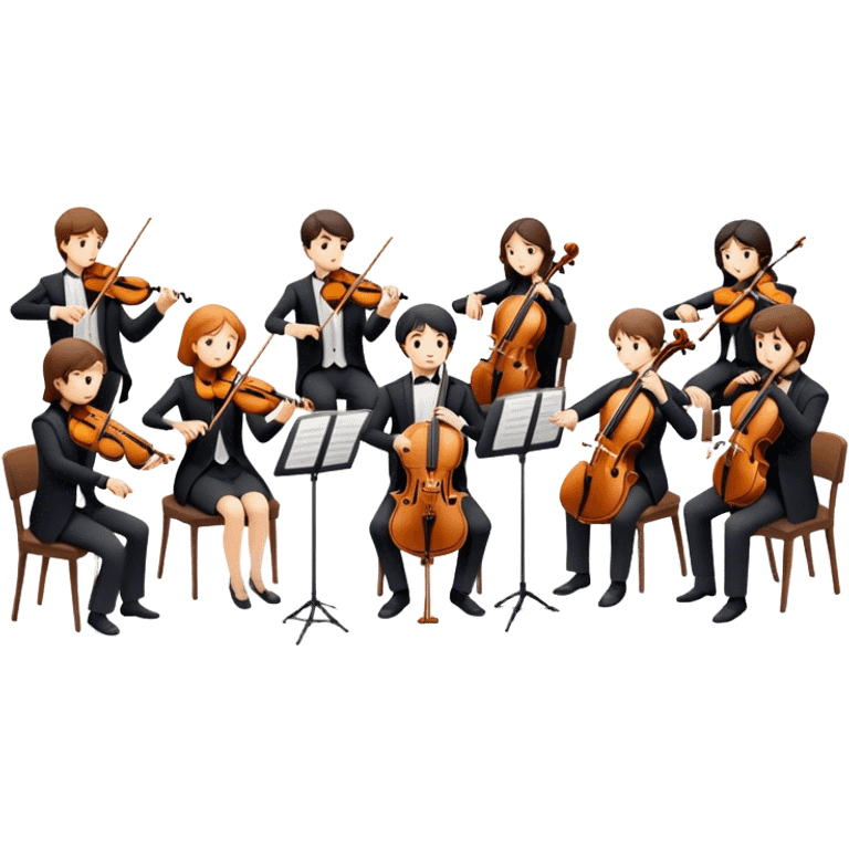 Icon for Classical Music: chamber orchestra with 4-5 musicians playing string instruments (violins, violas, cellos) and a conductor leading the ensemble. The intimate, refined atmosphere. Transparent background. emoji