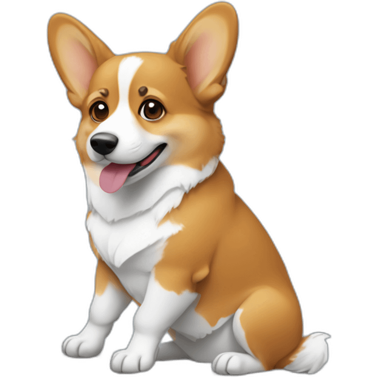 Corgi sitting with a laptop open facing us emoji