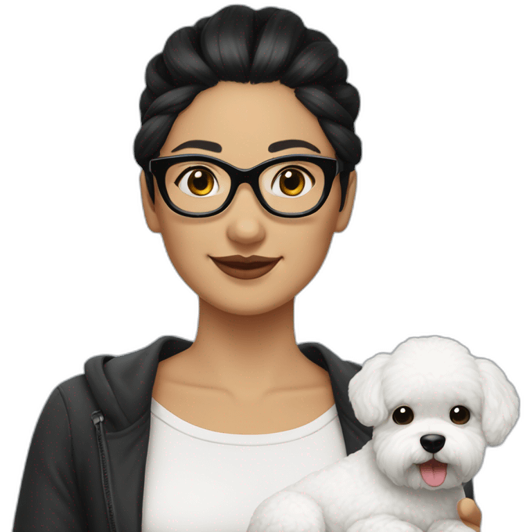 woman-black hair-bun-with glasses-with bichon dog-white-smile emoji