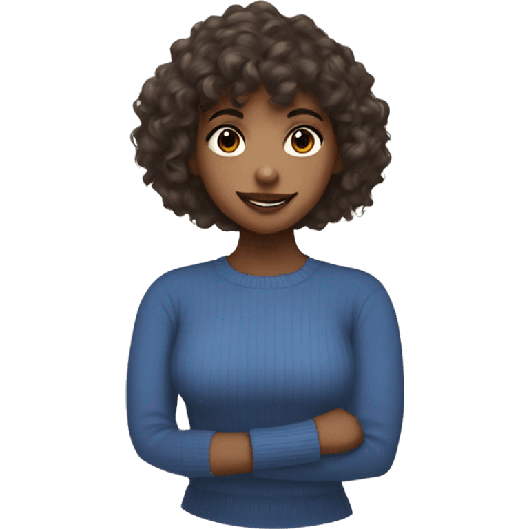 Brown girl with short curly hair with bangs in a blue jumper eating blueberries emoji