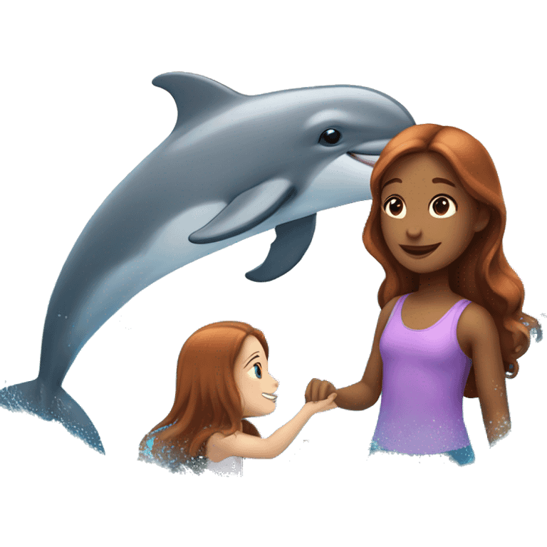 A girl with long reddish brown hair training a dolphin emoji