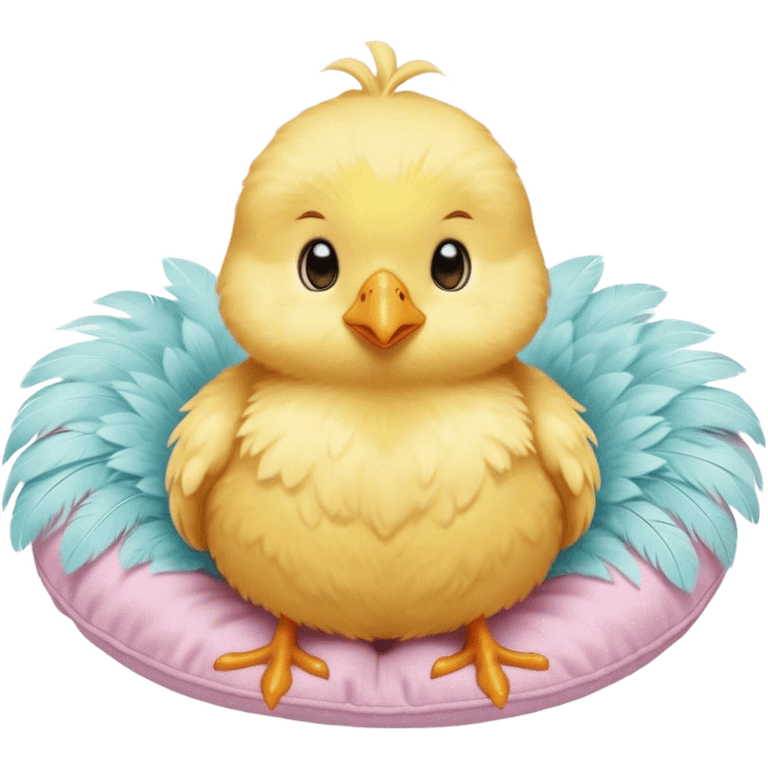 Cinematic round fluffy chick, golden yellow, tiny beak and feet, soft downy feathers, sparkling gentle eyes, sitting on a pastel-colored cushion, radiating warmth and sweetness. emoji