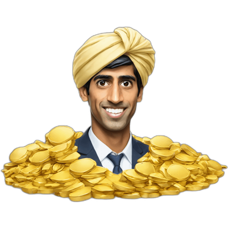 Rishi Sunak wearing a turban standing on pile of gold emoji