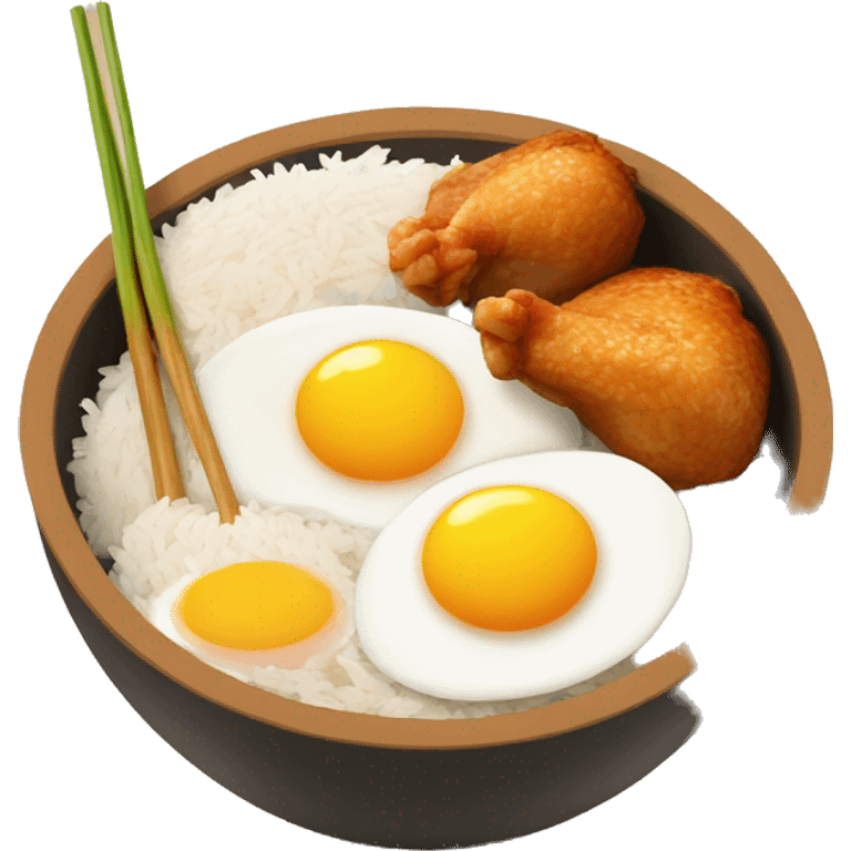 a bowl of rice with two eggs and two chicken drumstick on top emoji