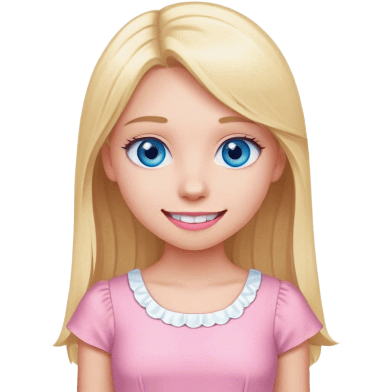 blonde girl with blue eyes with straight hair white teeth and a cute pink dress emoji