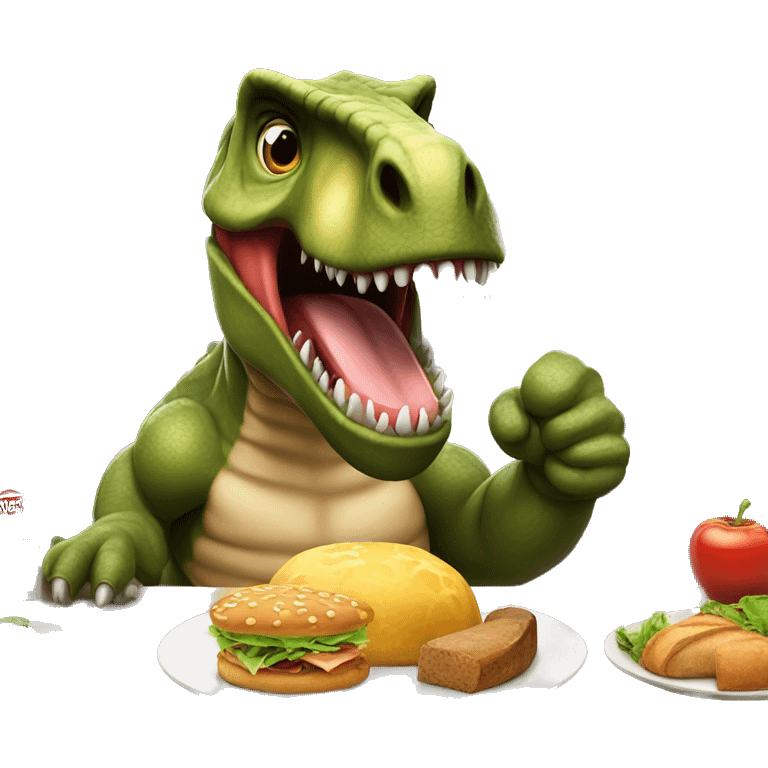 tyrannosaurus showing thumbs up wth a table with food in the back emoji