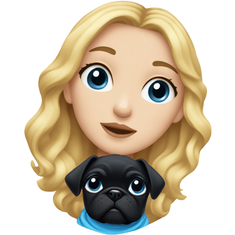 Girl with wavy blonde hair and blue eyes, kissing a black pug emoji