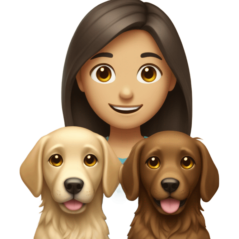 Smiling girl with long dark brown hair and a small shaggy golden Labrador dog with brown eyes emoji