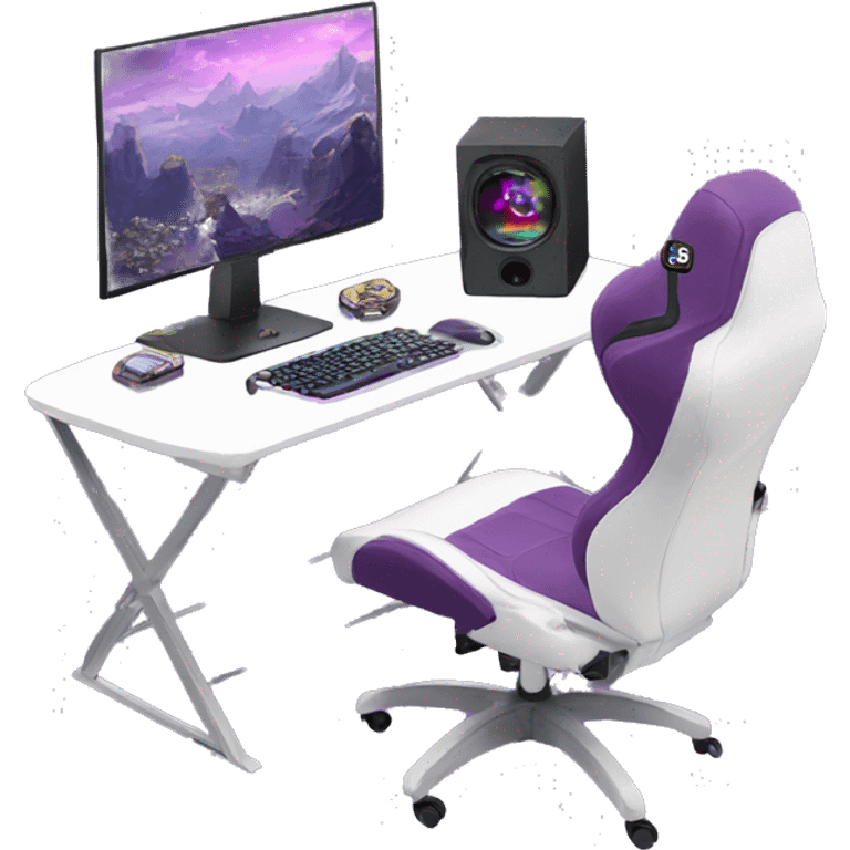 gaming setup, girl, white purple chair,white desk,  emoji