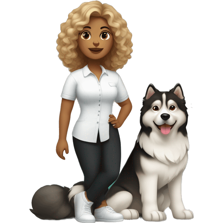 She is wearing black trousers and a white shirt. She is a cute, curvy woman with brown and blond highlight curls at shoulder length.    next to her is an Alaskan malamute dog. the dog is black with a white spot on his face  emoji