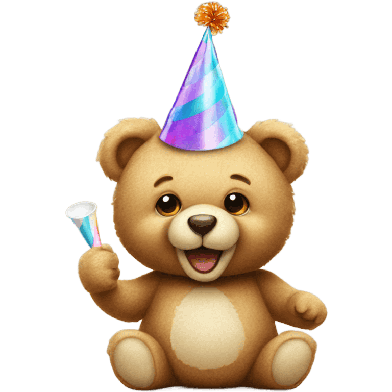 Cute teddy bear wearing a party hat and blowing a party horn emoji