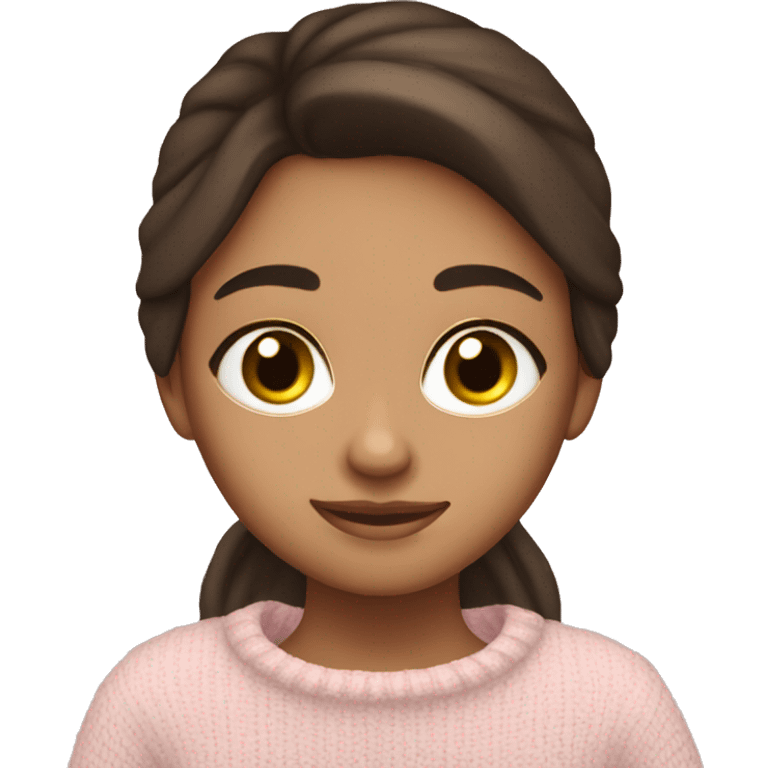 Pretty brown eyed brunette girl with light pink sweater reading cozy emoji