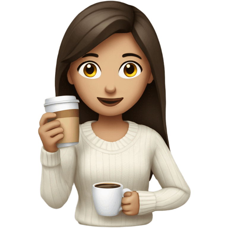 Brunette girl with white sweater drinking coffee emoji