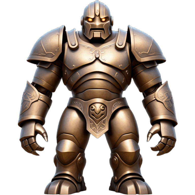 Cinematic Noble Mighty Iron Golem Portrait Emoji Poised and imposing, with a towering, metallic form forged from intricately detailed plates of burnished steel and ancient bronze, etched with faint traces of runes and weathered marks of time. Its piercing, glowing eyes radiate unwavering resolve, casting a solemn and commanding presence; rendered with lifelike texture and natural metallic highlights, high shine, elegant yet indomitable, styled with an aura of legendary endurance, focused and resolute, soft glowing outline, capturing the essence of an eternal guardian, standing vigilant and immovable as if ready to awaken at any moment with unstoppable might! emoji