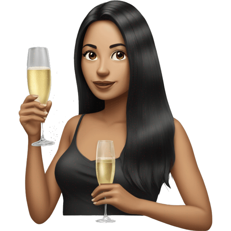 Hyperrealistic woman with black long hair drinks champagne emoji