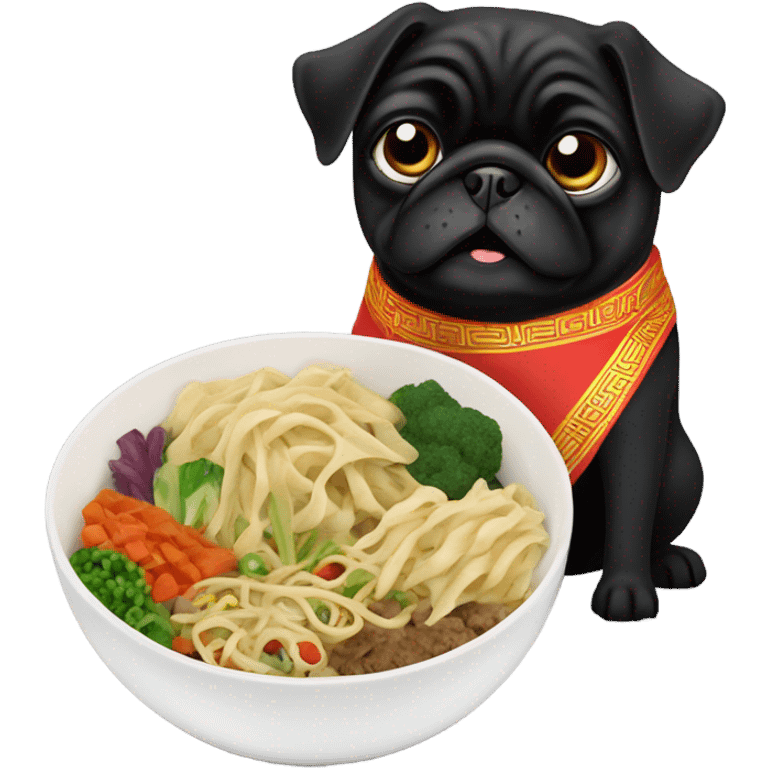 Black pug eating Chinese food emoji