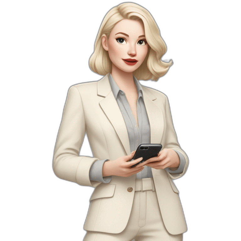 pale skin woman with ash blonde Straightened bob Hair, White Spacious classical jacket, beige palazzo Arrow pants and gray blouse holding white IPhone 14 pro in the hands emoji