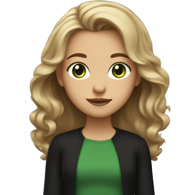 Green eyed girl with black shirt, light brown wavy middle part hair  emoji