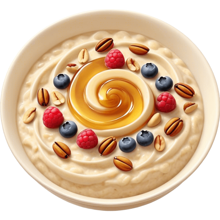 Cinematic creamy oatmeal, smooth texture with a swirl of honey on top, garnished with fresh berries and nuts, warm and comforting, cozy golden tones, rich and delicious. emoji