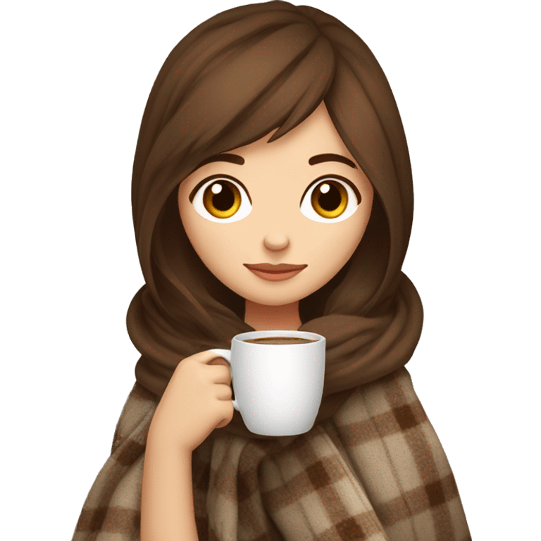 cute brown hair girl drinking coffee with a cozy blanket emoji