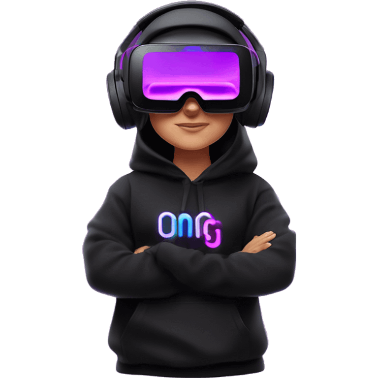 Russian girl wearing black hoody with violet letters "OMG", in vr headset oculus quest2. Standing like jedi. Cyberpunk style. Violet neon. emoji