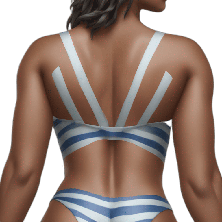 Hyper-realistic spread fitness model in striped body paint from behind emoji