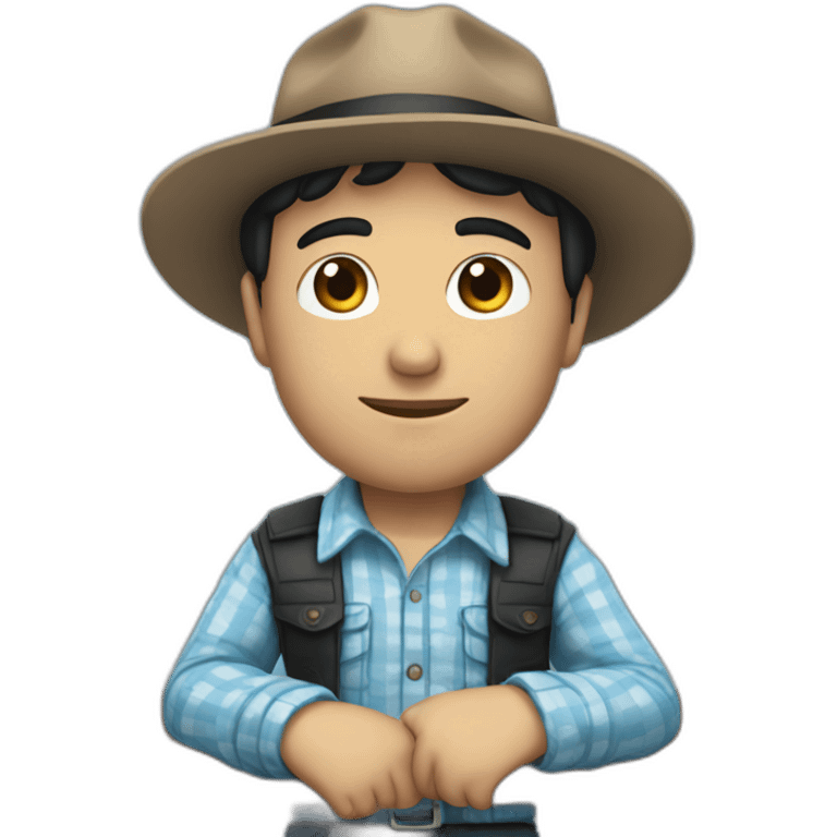 White Man with black hair, strip blue flowered shirt, brown hat, setting on a bench emoji