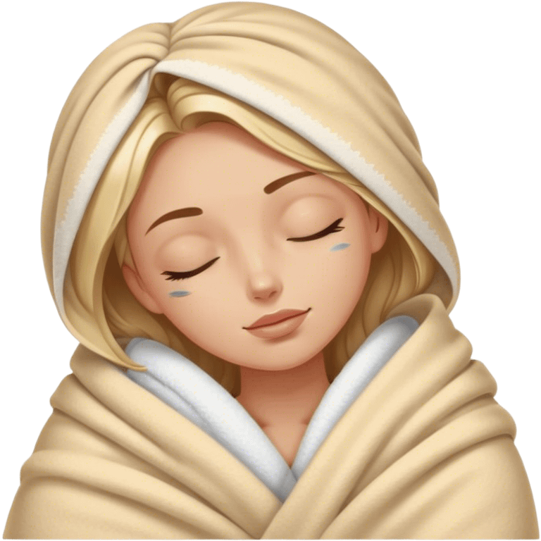 tan white girl with blanket and eyes closed with skin care emoji