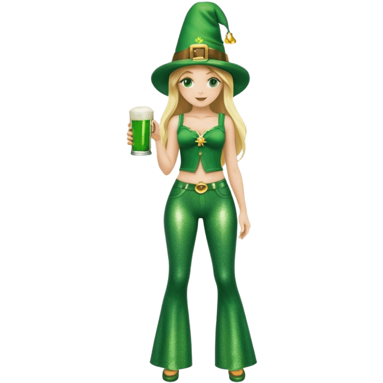 Blonde haired girl in glittery green bell bottoms and tall leprechaun hat holding a green beer emoji