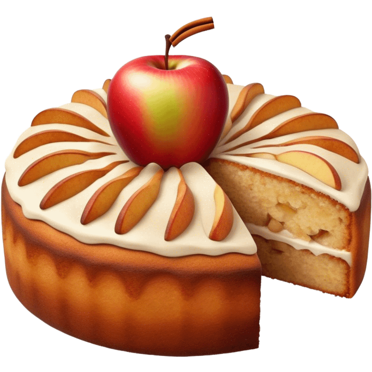 Cinematic Realistic Apfelkuchen Dessert Emoji, depicted as a classic apple cake bursting with cinnamon and apples rendered with soft textures and warm, inviting lighting. emoji