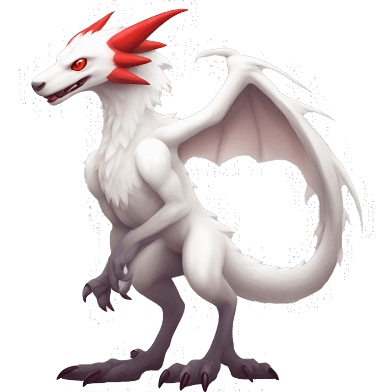 White edgy cute epic albino sergal-vernid-Fakémon with red mane and red eyes, full body emoji