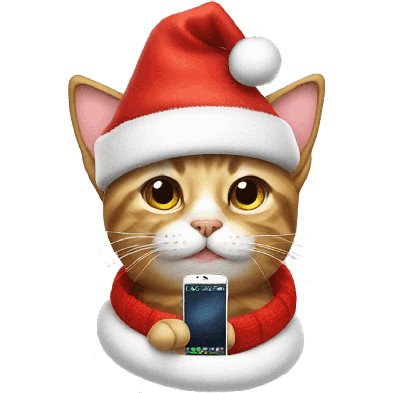 Cat with phone and Christmas hat emoji