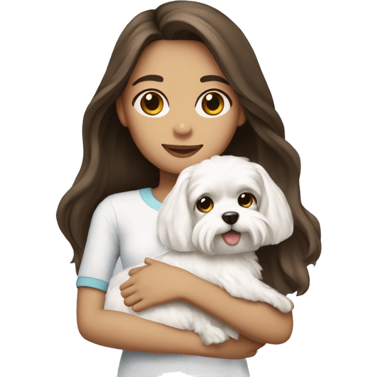 Brunette girl long hair holding a white  Maltese dog emoji