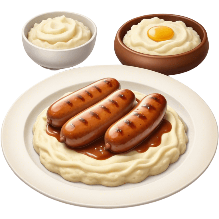 Cinematic Realistic Bangers and Mash Dish Emoji, featuring succulent pork sausages paired with creamy mashed potatoes rendered with detailed textures and natural highlights that emphasize its robust, hearty flavor. emoji