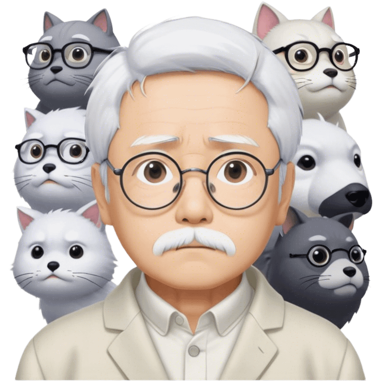 ​Cinematic Realistic Portrait of Hayao Miyazaki, depicted with striking white hair, defined black eyebrows, and large rectangular glasses, his thoughtful expression rendered in lifelike detail against a background of whimsical Studio Ghibli-inspired sketches, illuminated with soft, realistic lighting that emphasizes his creative genius, emoji