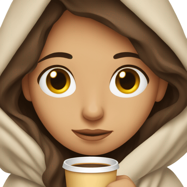 Brunette girl inside a blanket sipping coffee eyes closed emoji