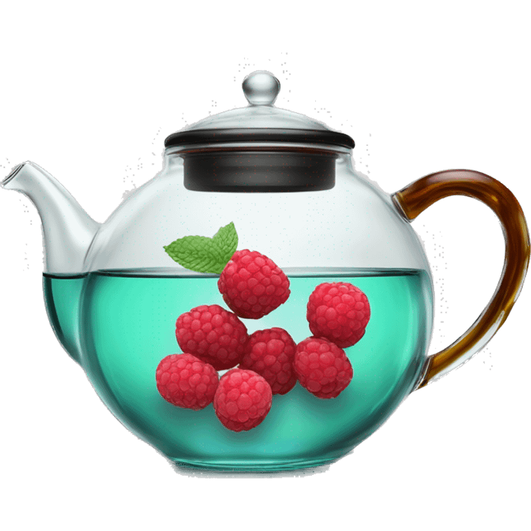 transparent glass teapot for tea brewing, inside of which is black tea with tiny raspberries, lemon and mint and cinnamon emoji