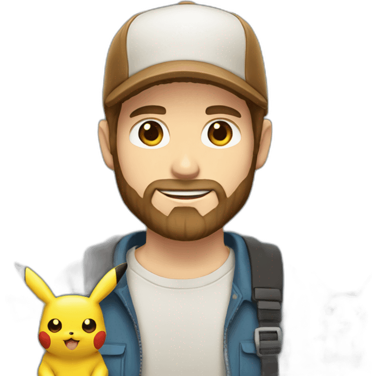 white man with brown hair and beard holding a pikachu pokemon emoji