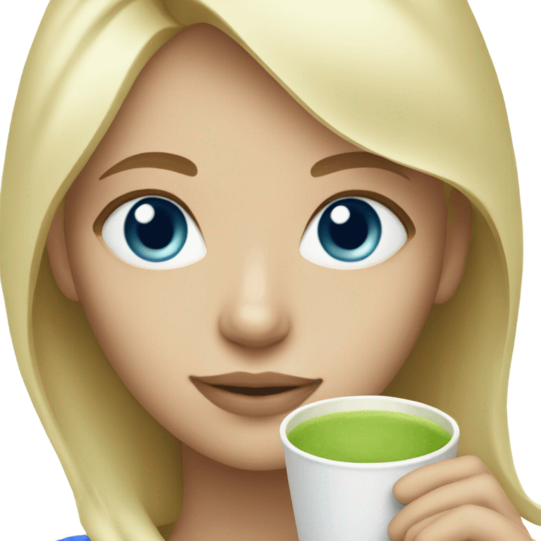 Blonde girl with blue eyes with a hot matcha emoji