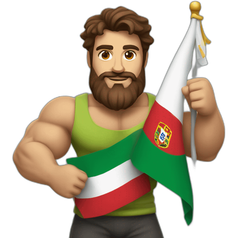 brown hair and beard guy with big muscles holding a portugese flag emoji