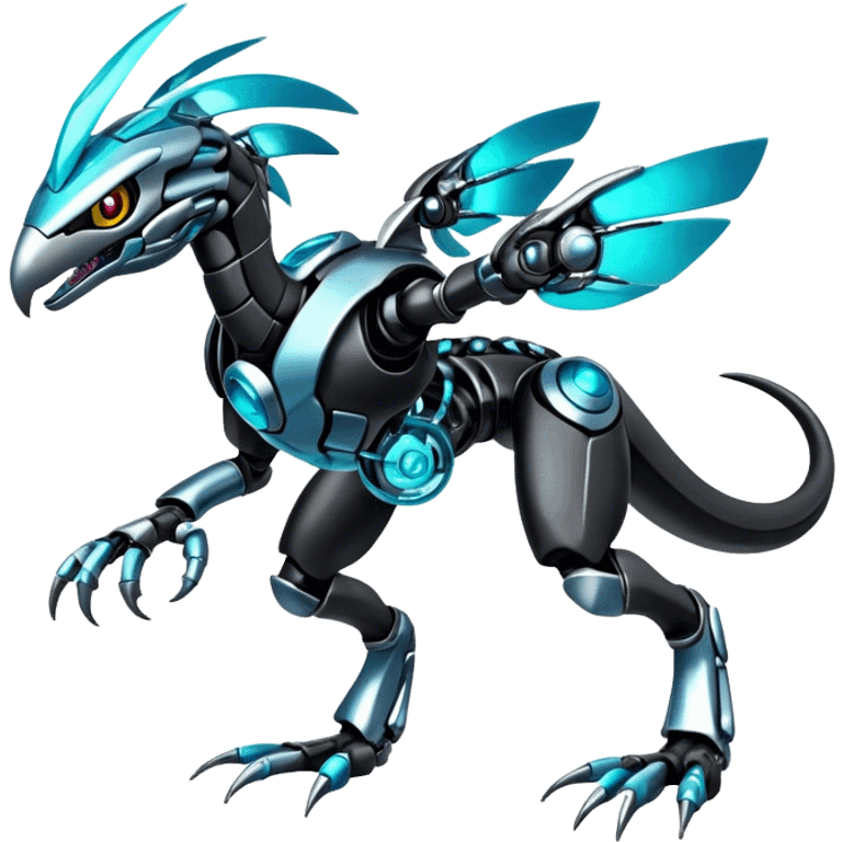 Shiny Dark Futuristic Celestial Glossy-Metallic-Alloy Cyborg-Fakemon-Pokemon-Digimon-Spectrobes-Raptor-fusion, full body, four legs, black body, cyan accents, scales emoji