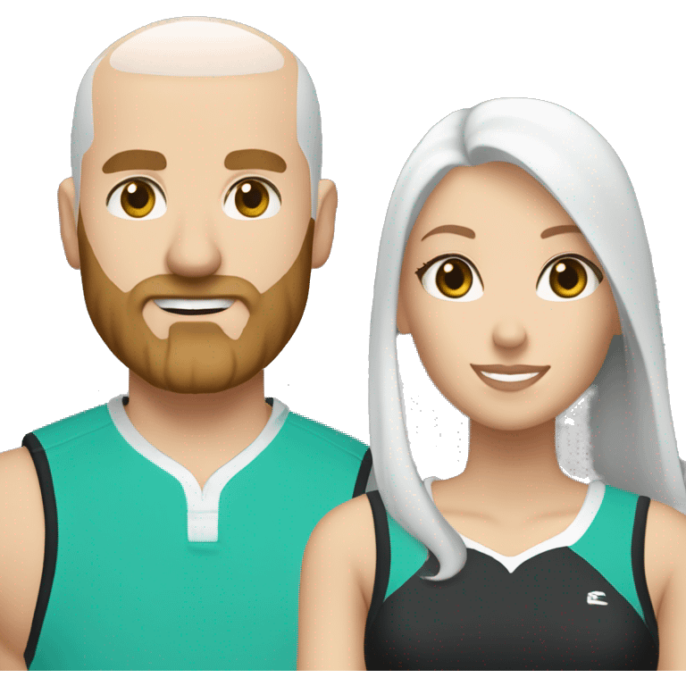 White couple in pickleball black and white clothes. Male bald= beard, white, bald, aqua eyes. Female = long light brown hair, aqua eyes.  emoji