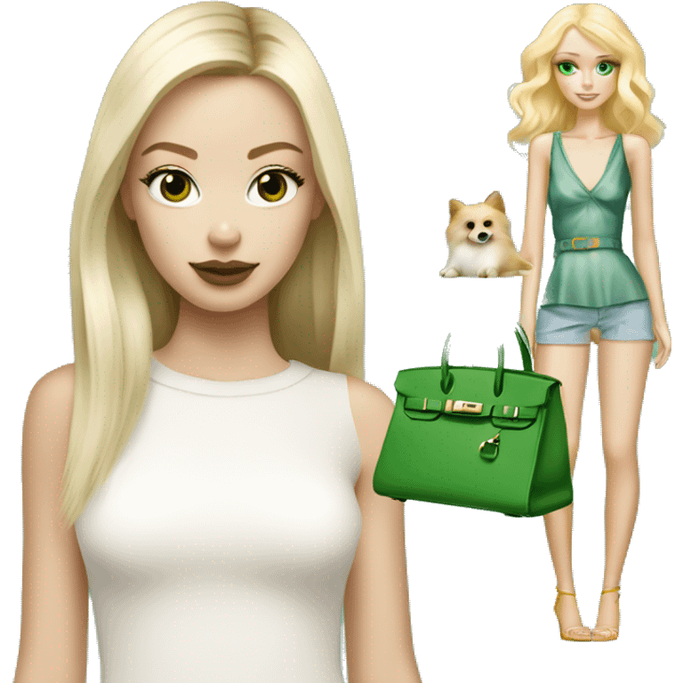 Blonde skinny girl with green eyes and pale skin with white pomeranian and Hermes birkin bag emoji