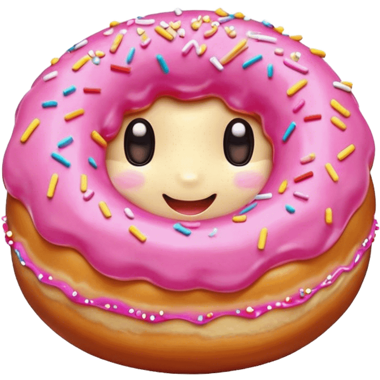 Cinematic tiny happy donut, round and fluffy, golden brown with pink icing and sprinkles, tiny adorable face with blushing cheeks, warm glowing background. emoji