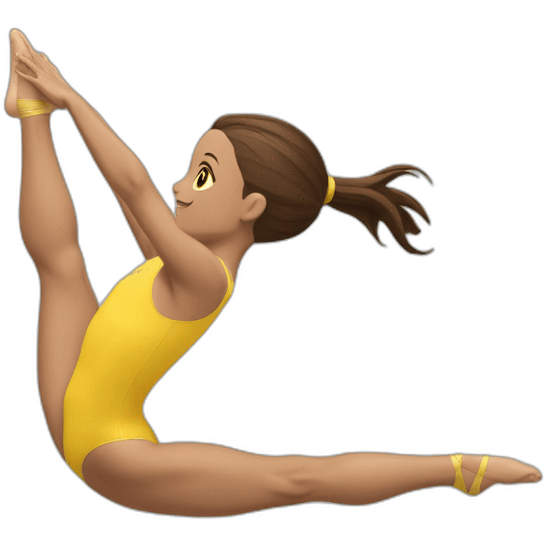 a gymnast with brown hair and brown eyes in a yellow leotard doing a split emoji