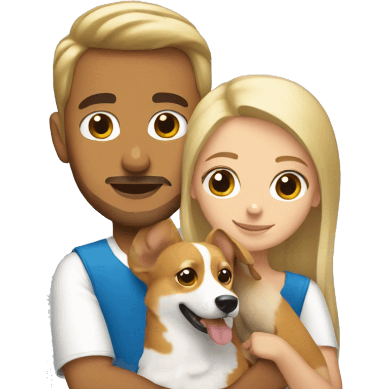 blonde girl with arab guy holding a corgi in their arms emoji