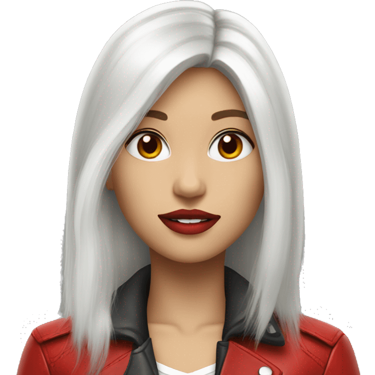 girl with long white hair with red eyes with red lipstick in a red leather jacket emoji