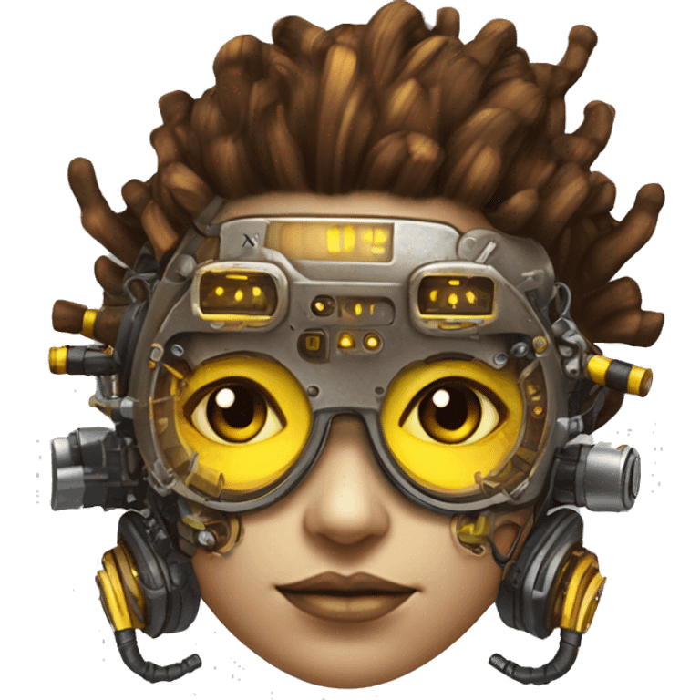 Brown with yellow streaks Mohawk hair female cyborg head, fair skin, steampunk goggles and circuits emoji