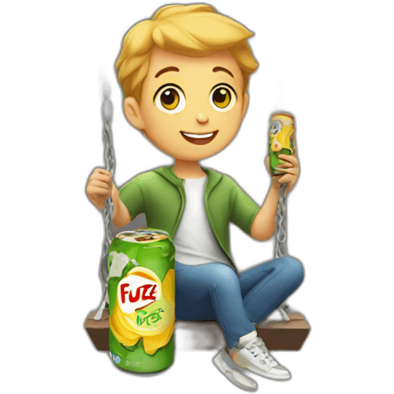 KID HOLDIN A CAN OF FUZE TEA WHILE SITTING ON A SWINGNG emoji