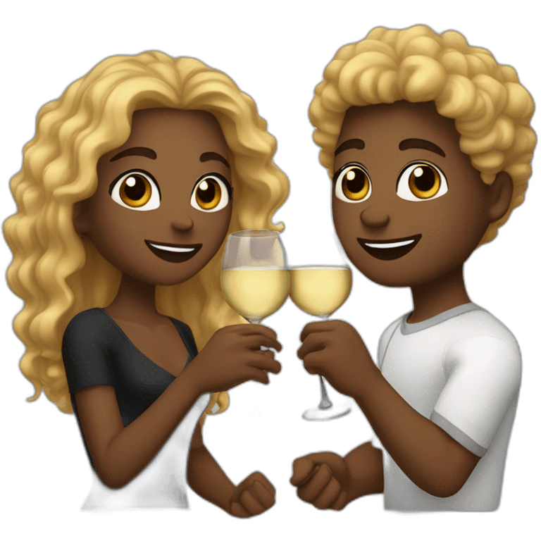 A black female with brown eyes and blond medium long hair and a black male with brown eyes and black hair curly, they toast to each other with a glass of white wine. emoji